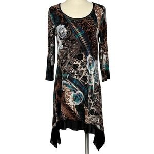 Cybio Small Boho Tunic Dress Sharkbite Hem Mesh Leopard Floral Patchwork